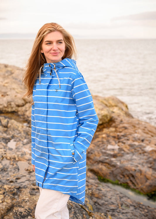 Long Beachcomber Jacket - Azure Blue Stripe-Lighthouse